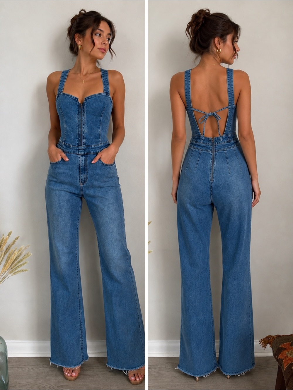 We The Free Medium Blue Denim Flare Jumpsuit